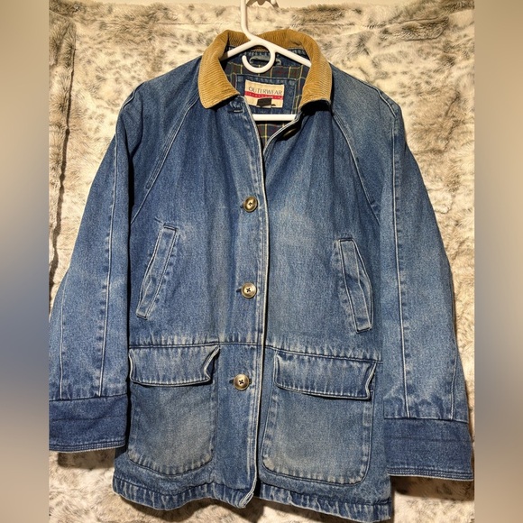 Vintage 90’s Y2K Women’s Petite Denim Chore Coat Corduroy Collar Flannel Lined - Picture 2 of 10
